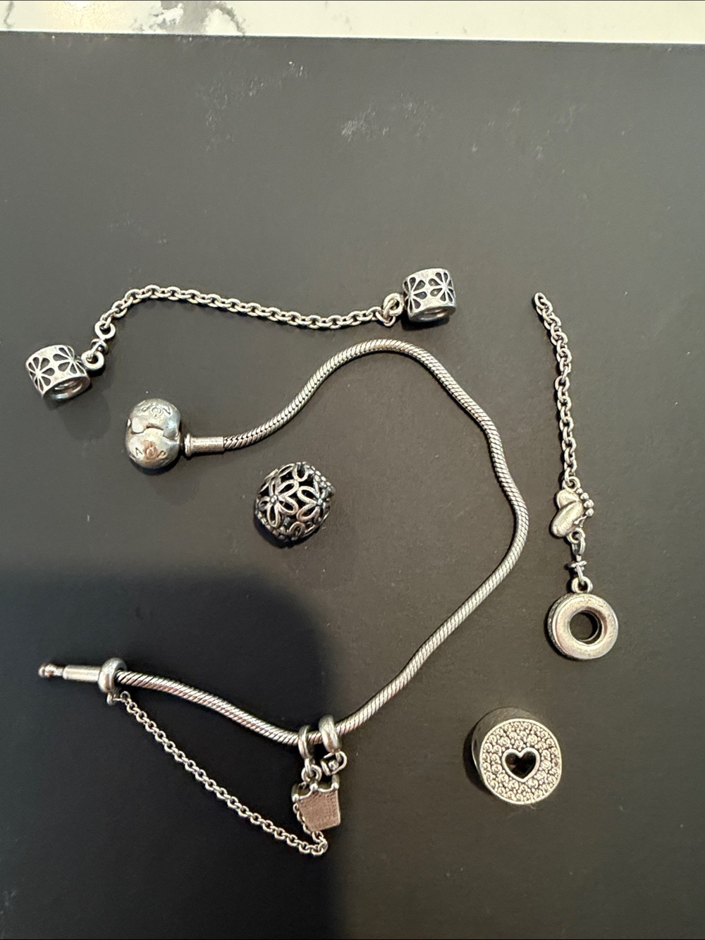 Pandora Silver Charm Bracelet with Filigree and Heart Charms
